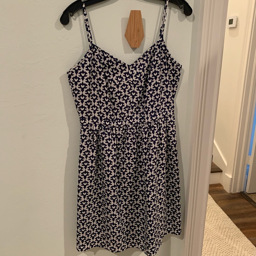 J. Crew Navy White Geometric Spaghetti Strap Dress